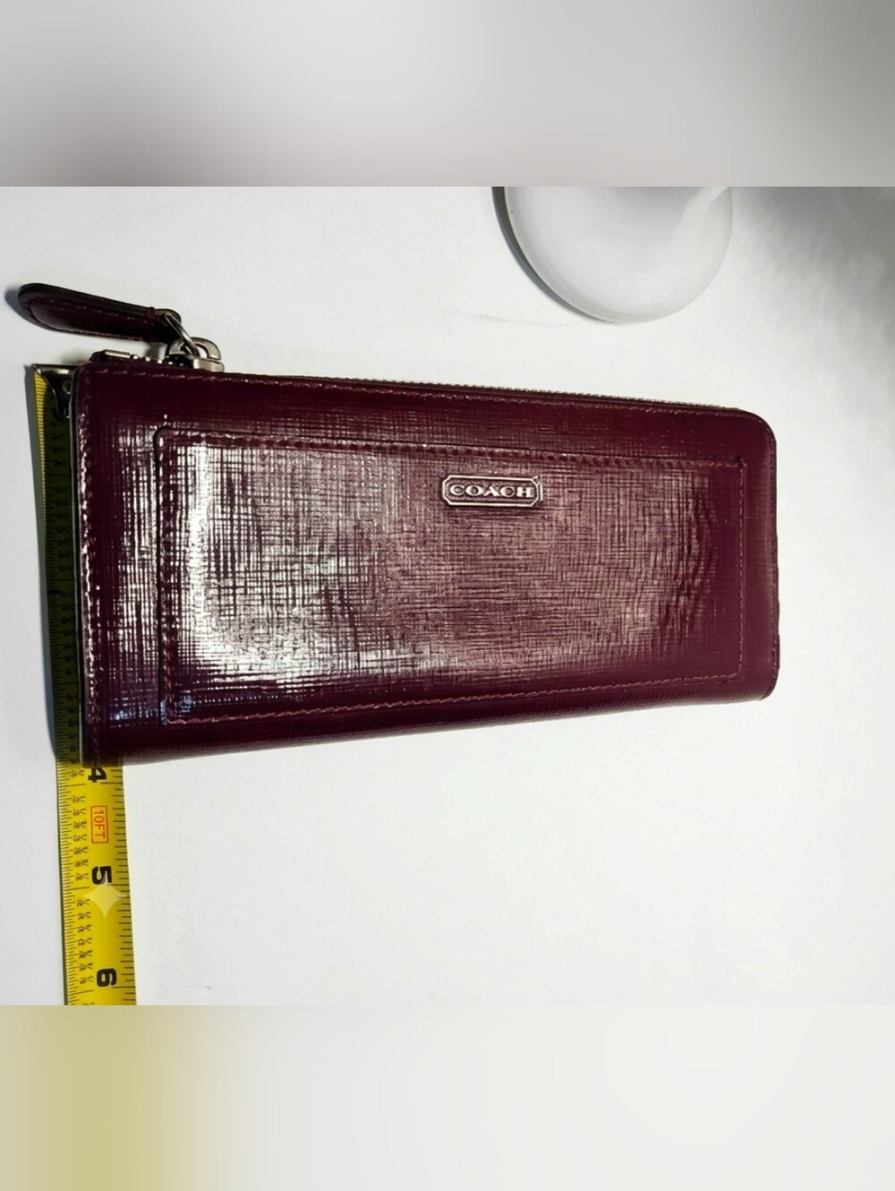 Darcy Maroon Coach textured patent or Saffiano leather Accordion Zip Wallet